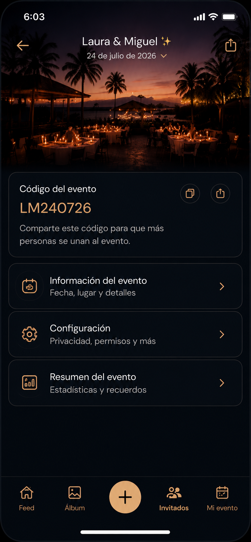 Pantalla del c&oacute;digo del evento en Celebriamm