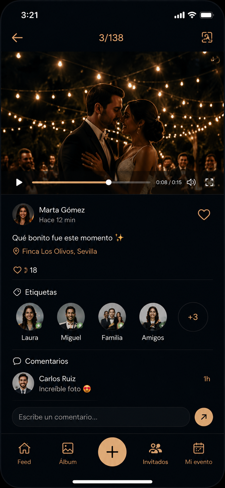 Pantalla de recuerdo compartido en Celebriamm